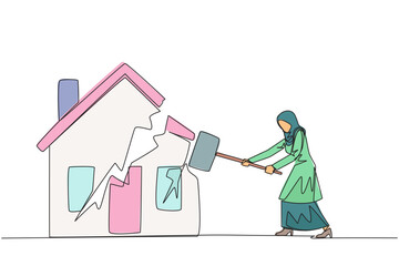 Poster - Single continuous line drawing Arabian businesswoman preparing to hit miniature house. Metaphor of house as collateral for payment. Fails. Home is gone. Bankrupt. One line design vector illustration