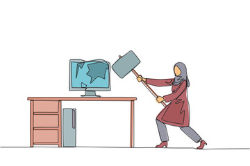 Poster - Continuous one line drawing Arab businesswoman preparing to hit computer monitor on work desk. Stocks don't rise. Didn't get any profit. Anger escalated. Single line draw design vector illustration