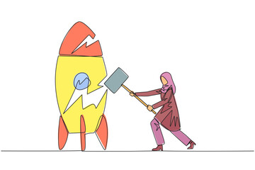 Poster - Single continuous line drawing Arabian businesswoman preparing to hit standing rocket. Rampage. Not ready to accept new technology. Not ready for competition. Lost. One line design vector illustration