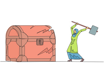 Poster - Continuous one line drawing Arabian businesswoman preparing to hit big treasure chest. Running out of capital. Steal. Doing dirty business. Not commendable. Single line draw design vector illustration