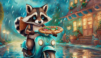 Sticker - oil painting style cartoon character illustration raccoon at rain delivers food on motorbike,