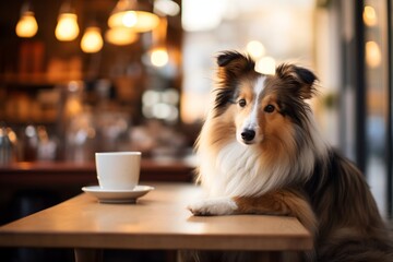 Wall Mural - Portrait of a cute shetland sheepdog isolated in serene coffee shop background