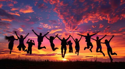 A group of friends jumping in the air, their silhouettes captured against a vibrant sunset sky.