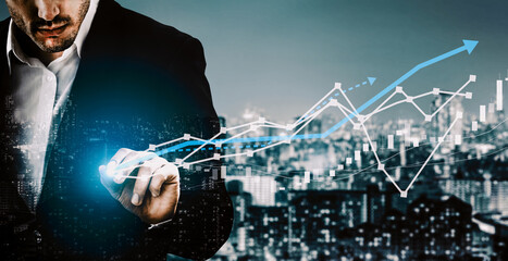 Wall Mural - Double Exposure Image of Business and Finance - Businessman with report chart up forward to financial profit growth of stock market investment. uds