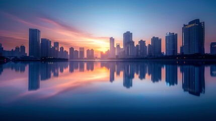 Aufkleber - A high-rise building skyline reflected perfectly in a river at dawn, creating a peaceful urban scene.