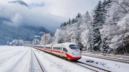 Aufkleber - A high-speed train in a snowy winter landscape, with snow-covered trees and fields.