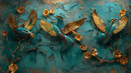 Wall Mural - Volumetric decorative exotic birds, stucco molding, on a plastered wall with gold elements.
