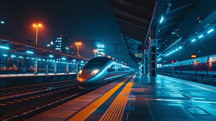 Aufkleber - A high-speed train station at night, with the train illuminated and ready for departure.