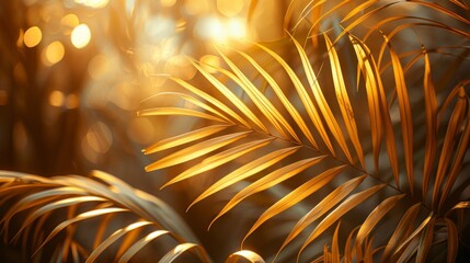 Wall Mural - Golden light illuminating palm leaves, tropical nature close-up. Warm sunset glow concept