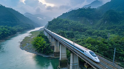 Poster - A high-speed train traveling over a long bridge, with a beautiful river flowing below.
