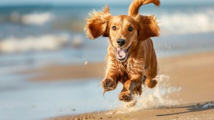 Poster - A playful dog running on the beach, ears flapping in the wind and a joyful expression on its face.
