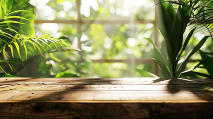 Wall Mural - A wooden table with a view of a lush green forest. The sunlight is shining through the window, creating a warm and inviting atmosphere