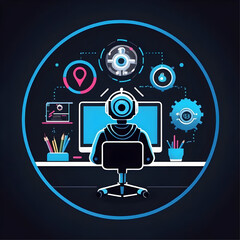 Aufkleber - AI at Work: A sleek, blue-hued illustration depicting artificial intelligence hard at work, surrounded by icons of technology and innovation. 