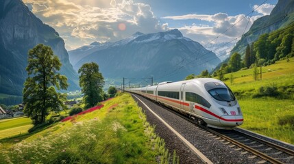 Aufkleber - A sleek high-speed train zooming through a picturesque countryside landscape, with mountains in the background.