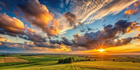 Wall Mural - Sunset over a vast farmland with a big sky and fluffy clouds , fields, farmland, sunset, big sky, clouds
