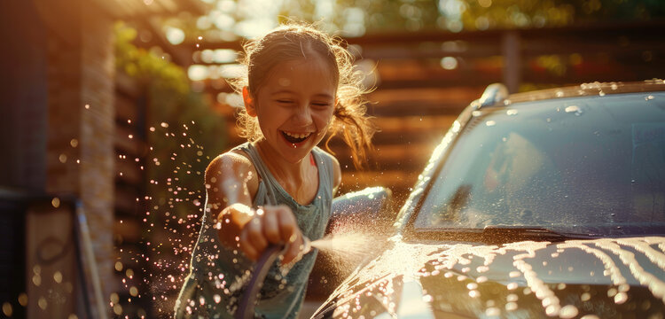 A happy girl is washing her car with water from the garden hose, laughing and having fun