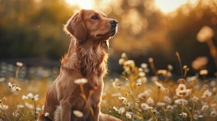 Poster - An adorable dog sitting in a flower field, with flowers gently brushing its fur.