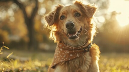 Poster - An adorable dog sitting in a sunny park, wearing a bandana and looking up at the camera with big, bright eyes.