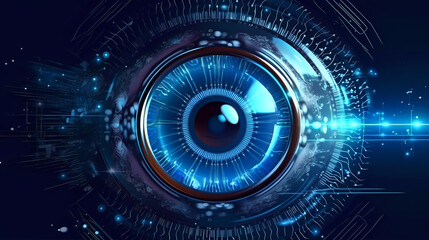 Poster - Futuristic Digital Eye Concept. A highly detailed illustration showcasing a cybernetic eye with advanced technology elements, perfect for concepts related to surveillance, futuristic visions