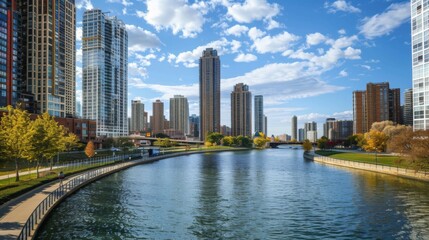 Aufkleber - High-rise apartments and office buildings lining a scenic river, with a pedestrian walkway in the foreground.