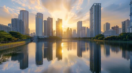 Aufkleber - High-rise offices and residential towers reflecting the morning sun, with a river flowing calmly nearby.