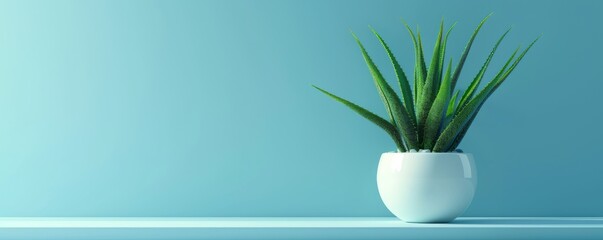 Potted aloe vera plant on blue background, minimalist interior decor. Modern and natural home decor concept