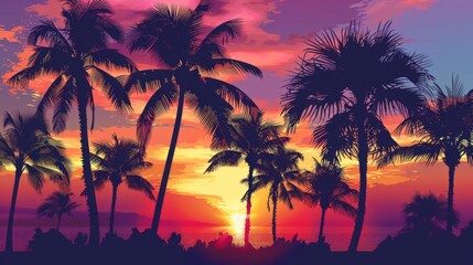 Leinwandbilder - Silhouettes of palm trees against a vibrant tropical sunset.