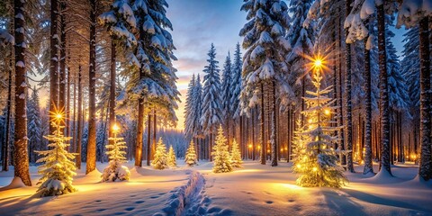 Wall Mural - Majestic winter forest illuminated by the soft glow of the evening light, evening, winter, forest, snow, trees, cold, dusk