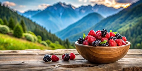 Bowl of blackberries and raspberries on a rustic wooden table in a serene mountain setting, mountains, berries, blackberries