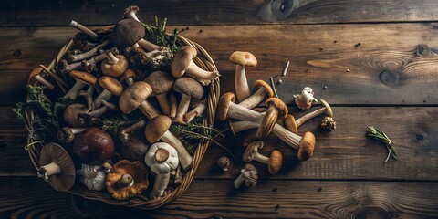 Wall Mural - Rustic forest trophies. Freshly picked mushrooms and aromatic herbs on a simple wooden tabletop. Copy space. Ideal background for banner, flyer, advertising. The concept of delicious, organic and heal