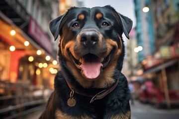 Wall Mural - Portrait of a smiling rottweiler isolated in bustling city street background