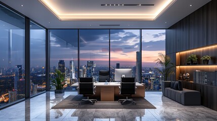 A modern office with a view of the city skyline