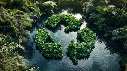 Wall Mural - A 3D-rendered abstract icon symbolizing the ecological call to recycle and reuse, featuring a pond with a recycling symbol in the center of a pristine jungle.