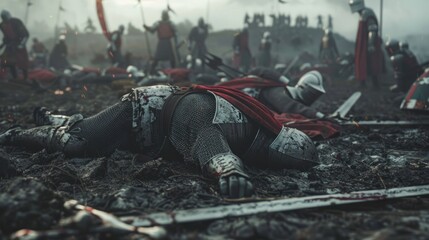 Wall Mural - Battlefield with a defeated knight in focus