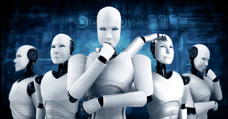 Poster - MLP 3d illustration 3D illustration of robot humanoid group in concept of future artificial intelligence and 4th fourth industrial revolution.