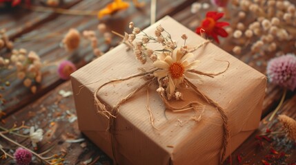 Wall Mural - Gift box on rustic table adorned with dried flowers for special occasions