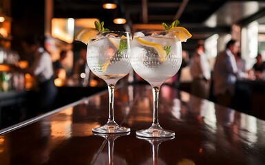 Two gin tonic standing on a bar counter