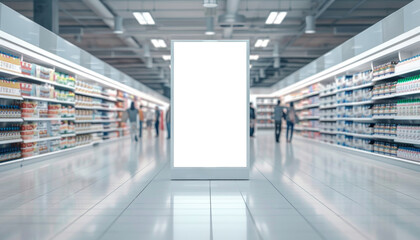 A large white sign hangs in the middle of a large, empty store by AI generated image