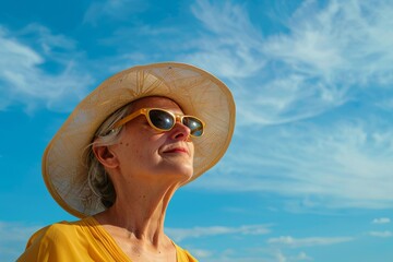 A woman wearing a yellow summer hat against a blue sky, with face obscured, provides a vibrant, abstract lifestyle wallpaper or background