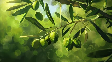 Olive tree branch with green olives in sunlight, close-up. Nature and agriculture concept