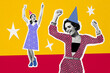 © deagreez - Composite photo collage of happy girls dance birthday party celebrate occasion wear cone hat relax isolated on painted background