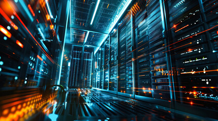 Data center corridor with futuristic blue lighting