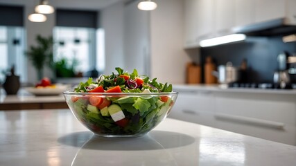 Vegetable salad bowl in white kitchen table with blurred modern kitchen in background. AI Generative.