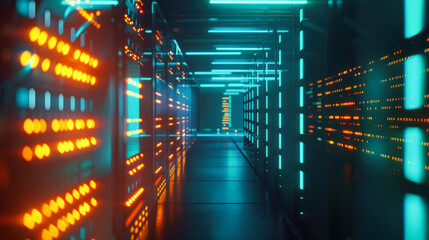 Wall Mural - Illuminated corridor in a server farm