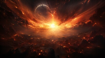 Wall Mural - Abstract cosmos background illustrates an interstellar catastrophe. A awesome planet looms amidst the black cosmic energy.