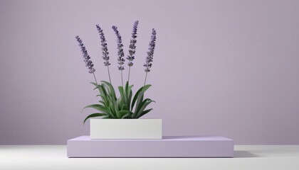 Wall Mural - Lavender podium flower background purple product nature platform stand summer 3d table. Cosmetic podium lilac abstract field studio beauty flower spring lavender floral display plant backdrop crystal.