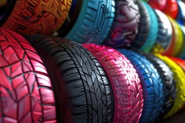 Poster - A pile of colorful car tires stacked high