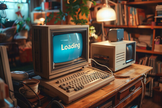 Loading animation on an old-school computer with a flashing Loading text,