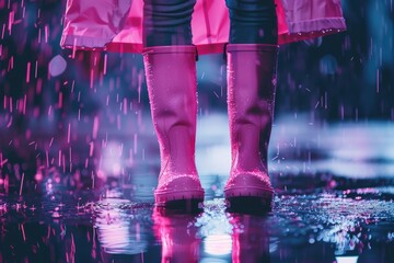 Poster - A person wearing pink rain boots stands in the rain, waiting for a break in the storm