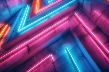 Poster - Neon lines creating a geometric pattern with bright, glowing accents,